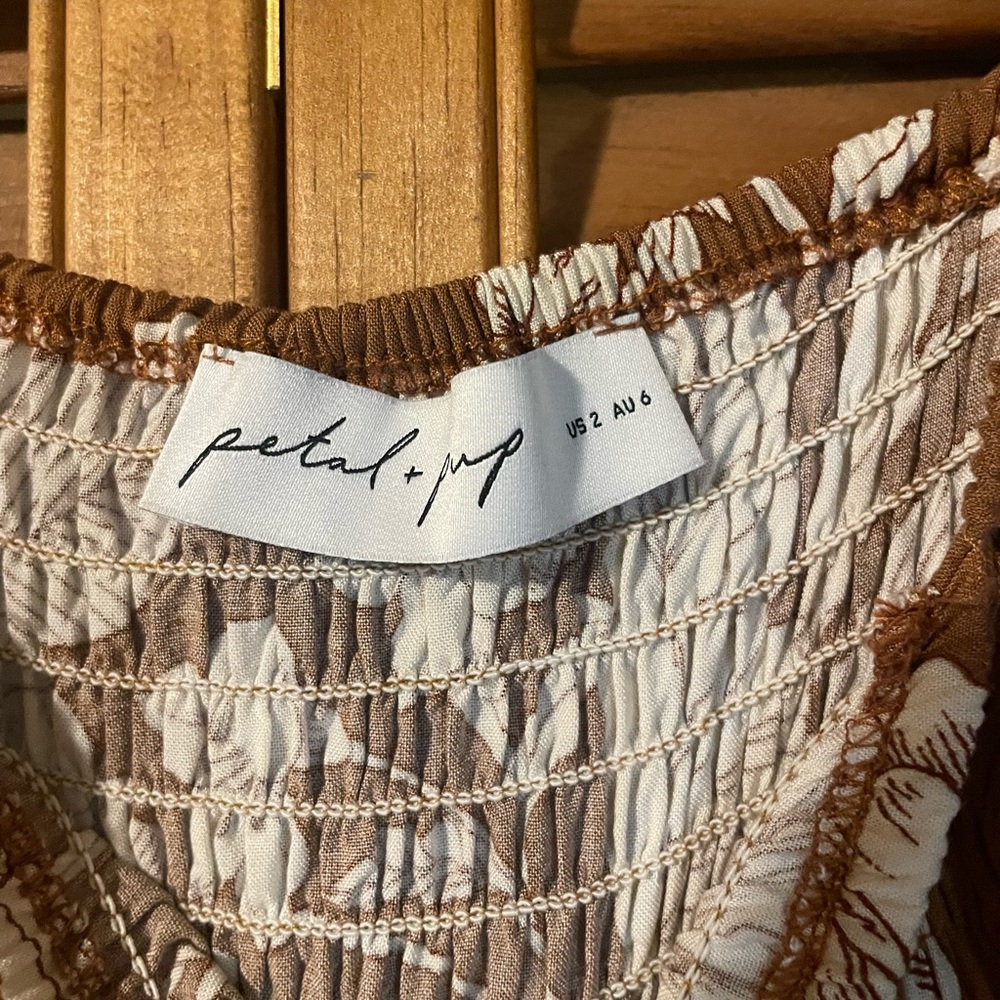 Petal and Pup Smocked Puff Sleeve brown and White Fall Color Midi Dress Size XS - Picture 6 of 8